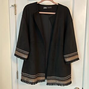 Zara Faux Suede Black Open Jacket with Fringe Details